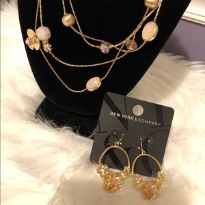 NY & co gold & pink flower earrings & necklace set
